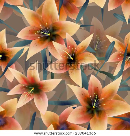 Seamless pattern with orange lilies texture on grey background