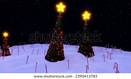 3d rendering of a Christmas trees, light decorations with yellow stars on top, standing in a snowy ground in the night background. The image evokes a sense of warmth, joy, and hope.