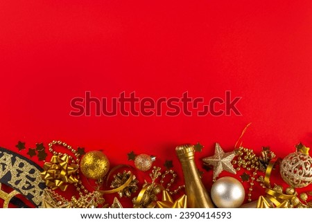 Christmas and New Year greeting card. Holiday party high-colored invitation with New Year decoration and Christmas baubles, top view copy space