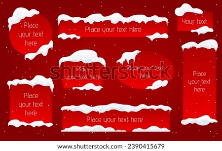 Snow ice cap red white banner set advertising design template flake snowfall winter signboard greetings card Christmas label collection vector illustration