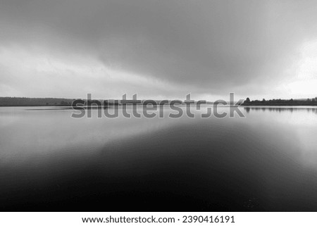 Forest lake in foggy rainy weather. Nature background and scenery                          