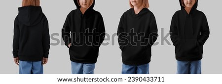 Mockup of a black hoodie with a pocket on a fair-haired girl in jeans, long sleeve presentation, front, back. Set. Template for a stylish hooded sweatshirt. Product photography for branding, design