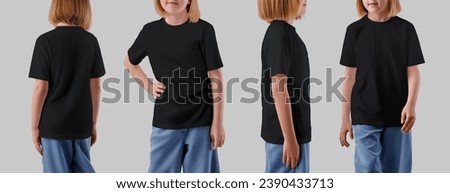 Mockup of a black t-shirt on a posing girl in jeans, front, side, back view. Set of shirts. Template of fashionable textured clothing isolated on background. Product photography for branding, design