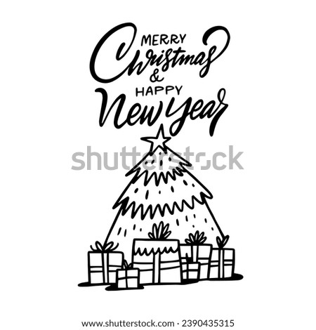 Merry Christmas and Happy New Year lettering phrase. Christmas tree with gift box. Outline cartoon style vector illustration.