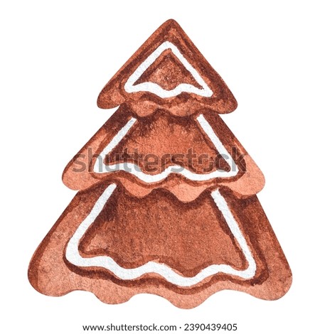 Watercolor illustration of a gingerbread tree. Drawing of handmade gingerbread in the shape of a Christmas tree for the New Year and Christmas.