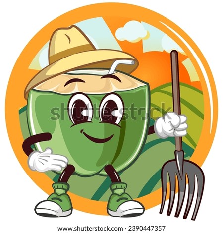 mascot coconut drink character with a straw with a funny face posing coolly in front of a field view in an emblem while carrying a fork spade and wearing a farmer's hat