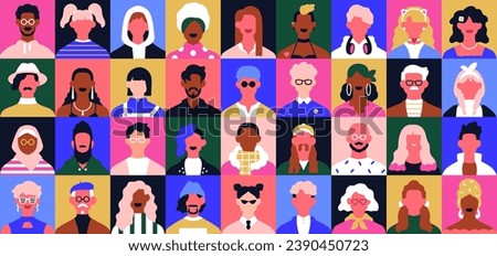 People face avatars set. Abstract characters, colorful bright head portraits in trendy style. Diverse men, women. User profiles, mosaic geometric community pattern. Colored flat vector illustration
