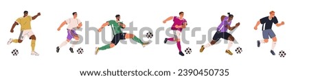 Soccer players set. Sports men playing European football game, running with ball. Athlete characters in motion, kicking, hitting with foot. Flat vector illustration isolated on white background