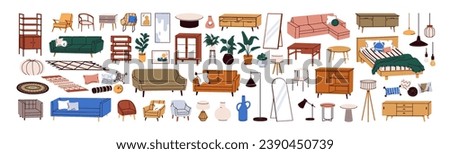 Furniture set for modern home interior design. Trendy house decor, sofa, couch, chair, armchair and lamp. Apartment room items, decoration. Flat vector illustrations isolated on white background Royalty-Free Stock Photo #2390450739