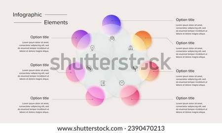 Business process chart infographics with 7 step circles. Circular corporate workflow graphic elements. Company flowchart presentation slide. Vector info graphic in glassmorphism design.