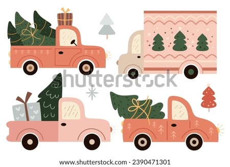 Pink Christmas cars clipart. Retro Christmas tree truck clipart in cartoon flat style