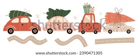 Pink Christmas cars clipart. Retro Christmas tree truck clipart in cartoon flat style