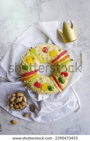 Top view epiphany day dessert with spruce oranges Royalty-Free Stock Photo #2390473453