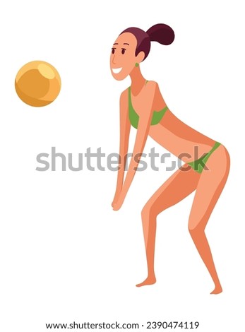 Woman playing summer beach volleyball set. Volley ball player in action during active sport game. Flat graphic vector illustrations isolated on white