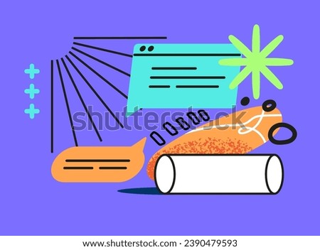 Geometry composition. Abstract geometric shape, figure, cylinder. Web elements, neon asterisk, line. Notice in messenger, message, chat. Online communication concept. Flat isolated vector illustration