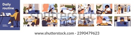 Daily routine set. Busy girl everyday life: work at home, meeting with people. Young woman sleeps with cat, do yoga, training, bathing. Efficiency day, schedule lifestyle. Flat vector illustrations Royalty-Free Stock Photo #2390479623