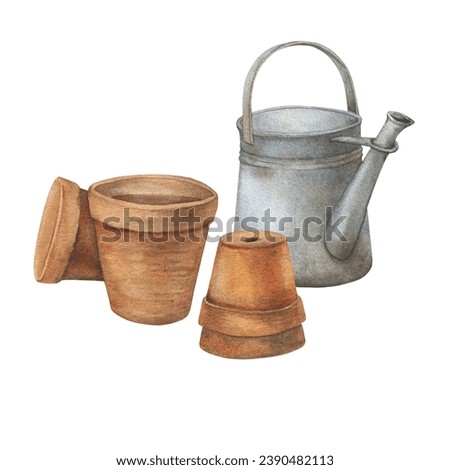 Terracotta ceramic pots and watering can - rustic farmhouse decor, vintage garden utensils. Hand drawn watercolor painting illustration isolated on white background.