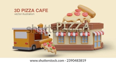 3D concept of pizzeria. Building with sign, food van, triangular pieces of hot pizza. Network retail, delivery in district. Vector layout for online business advertising. Creative web design
