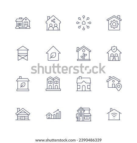 Home icon set. Thin line icon. Editable stroke. Containing home, beach house, eco house, wooden house, smart home, house, villa, shared housing, neighborhood, value, maintenance, family, location.