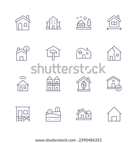 Home icon set. Thin line icon. Editable stroke. Containing home, house, beach house, wooden house, modern, smart home, house lock, nursing home, repair, townhouse, village, measured, property. Royalty-Free Stock Photo #2390486353