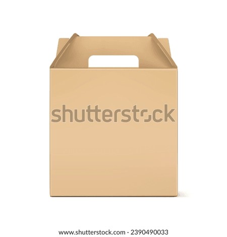 Carry craft box with handle for transport and sell your quality product mockup. Vector illustration isolated on white background. Easy to use for presentation your product, idea, promo, design. EPS10. Royalty-Free Stock Photo #2390490033