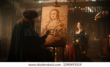 Representation of the Historical Moment of the Genius Leonardo Da Vinci Painting his Muse and Creating his Masterpiece, the Mona Lisa, in his Art Workshop. Pure Talent and Inspiration Put on Canvas Royalty-Free Stock Photo #2390493519