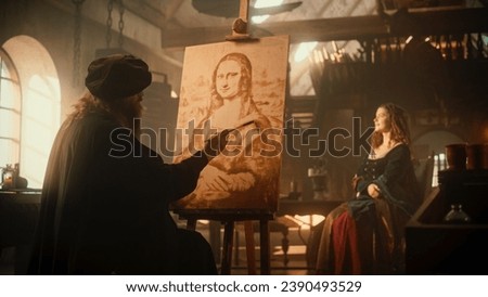 Creation of High Art: Documentary Depiction Scene of the Famous Leonardo da Vinci Creating his Famous Painting of the Mona Lisa in his Workshop. Historical Figure Making History with his Art Royalty-Free Stock Photo #2390493529