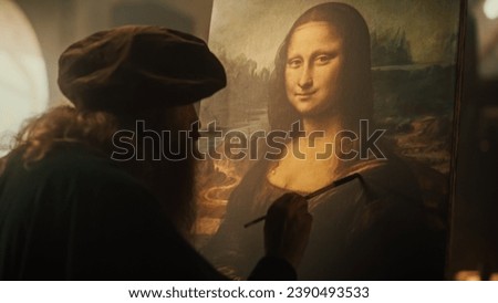 Creation of High Art: Documentary Depiction Scene of the Famous Leonardo da Vinci Creating his Famous Painting of the Mona Lisa in his Workshop. Historical Figure Making History with his Art Royalty-Free Stock Photo #2390493533