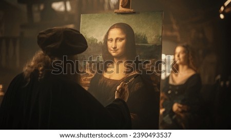 Re-enactment Documentary Scene for The Process of the Creation of the Mona Lisa Painting: The Genius Leonardo da Vinci Making the First Layer of Shadow in his Masterpiece on Canvas in his Art Workshop Royalty-Free Stock Photo #2390493537
