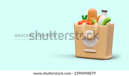 Poster with bag full of food, place for text, and blue background. Concept of grocery shopping. Online and offline food orders. Vector illustration in 3D style Royalty-Free Stock Photo #2390498879