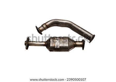  New exhaust gas catalytic converter and Y-branch pipe  of a car on a white background  Royalty-Free Stock Photo #2390500107