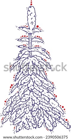 Vector hand-drawn Christmas tree in blue with red decoration.