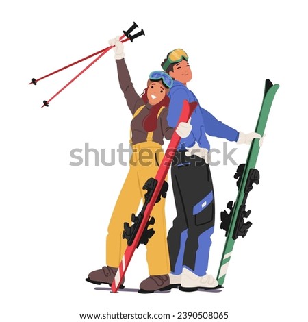 Dynamic Duo Of Skiers, Stylishly Posing Isolated on White Backdrop. Young Couple Characters Exuding The Essence Of Winter Sports With Elegance And Confidence. Cartoon People Vector Illustration Royalty-Free Stock Photo #2390508065
