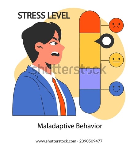 Maladaptive behavior. Neurosis, chronic stress and anxiety mental disorder. Angry furious cursing man expressing negative emotions., Flat vector illustration