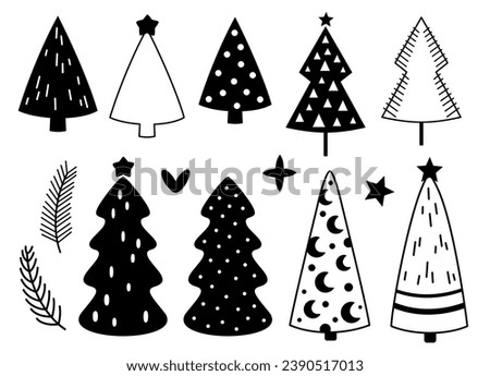 Black and white Christmas tree for cozy Christmas decor. Merry Christmas clipart. Vector illustration