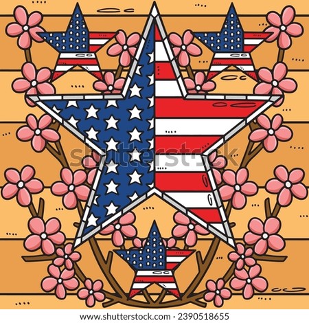 Memorial Day Star US Flag Flowers Colored Cartoon