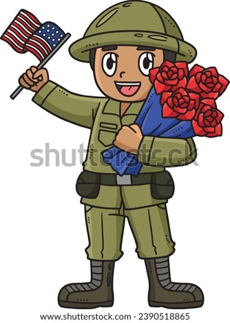 Soldier Bouquet and Flag Cartoon Colored Clipart 