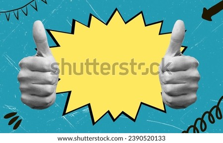 Artistic collage depicting large symbol of thumbs up gesture inside speech bubble on blue background. The concept of advertising a quality product.