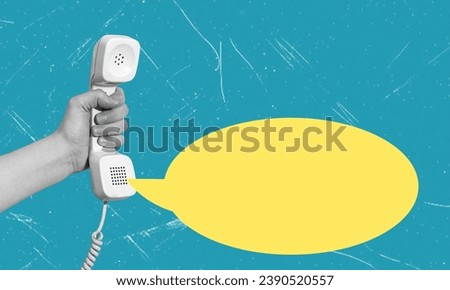 Creative composition photo art collage of a hand holding a telephone receiver and a message bubble on a blue background. Concept of conversation, thoughts and advertising.