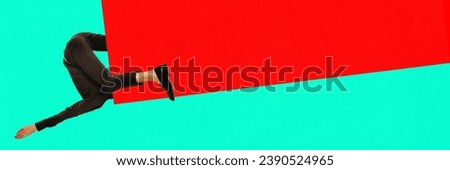 Weird pose of male body and legs. Journalism, advertisement. Contemporary art collage. Complementary colors. Concept of surrealism, pop art style, creativity. Empty space to insert your space