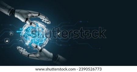 Step into the realm of advanced technology as two robot hands join forces to showcase the wonders of AI. Witness the seamless data processing, system connection, and data protection on virtual screens Royalty-Free Stock Photo #2390526773