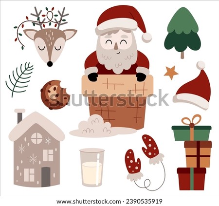 Merry Christmas clipart with cute Santa, deer, christmas tree, winter house, gifts, new year elements. Christmas clip art in cartoon flat style.