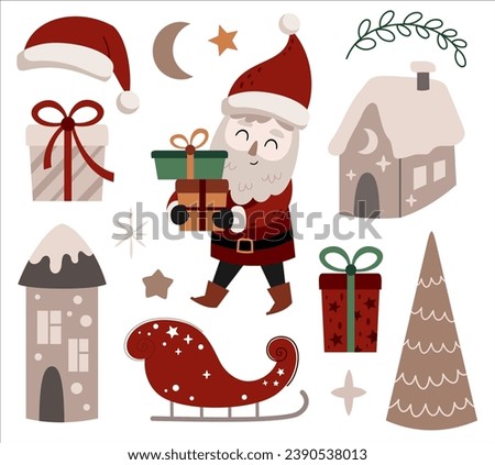 Merry Christmas clipart with cute Santa Claus, winter houses, gifts, new year elements. Cozy Christmas clip art in flat style.
