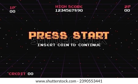 PRESS START INSERT A COIN TO CONTINUE .pixel art .8 bit game.retro game. for game assets in vector illustrations.Retro Futurism Sci-Fi Background. glowing neon grid.and stars from vintage arcade comp	 Royalty-Free Stock Photo #2390553441