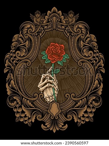 Illustration vector skull holding rose flower with engraving ornament frame