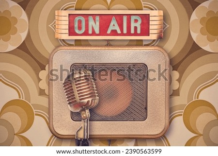 Retro styled image of an authentic vintage microphone with on air illuminated sign and speaker