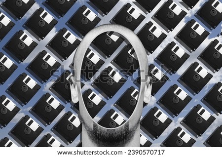 Digital collage in surrealism style with head of a man and floppy disk on background