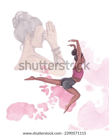 Yogini in watercolor. Poses and asanas. A girl in sportswear does yoga. Mixed composition