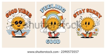 Retro groovy sun. Vintage smile, good vibes and stay sunny inspirational posters. Funny summer sticker with face, festive motivation poster. 1970s hippy character. Vector cartoon postcard set