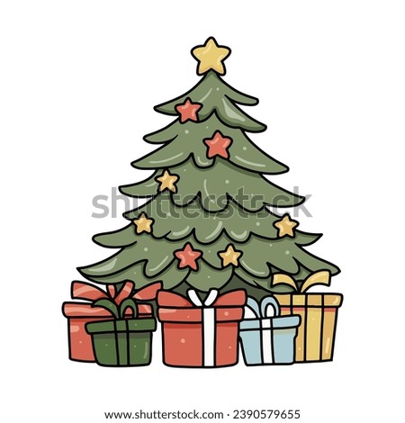 Christmas pine tree colorful ornaments icon. Winter event. Chrismas decorations. Happy new year. doodle elements.